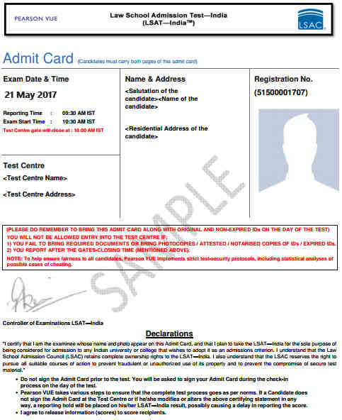 Sample LSAT—India 2017 Admit Card with exam details, photo placeholder, and candidate information