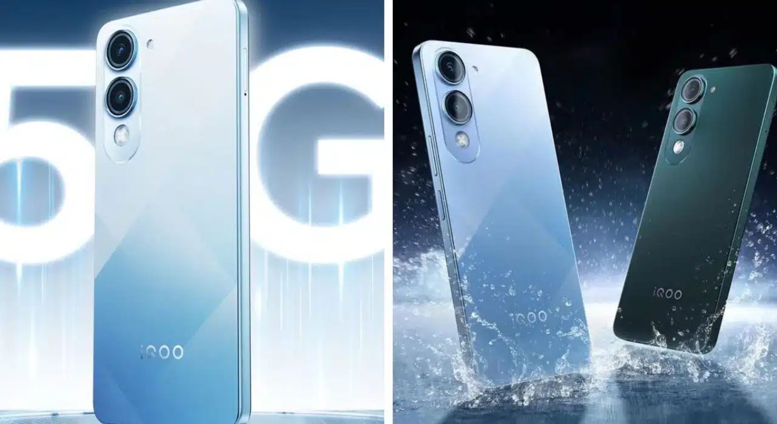 iQOO Z10 Lite 5G with water splash and glowing 5G text background