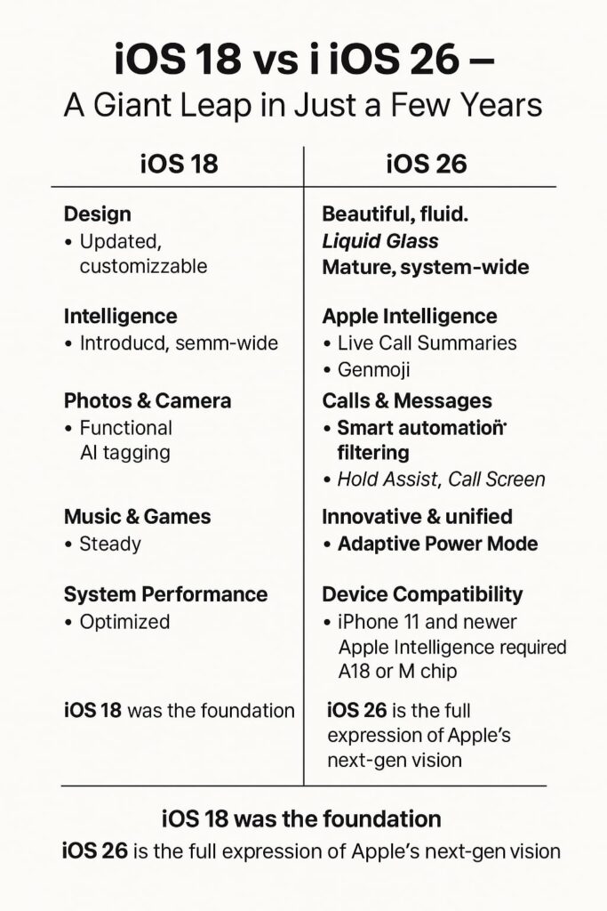 “Infographic comparing iOS 18 and iOS 26 features including design, AI integration, photos, messages, privacy, and compatibility on iPhone”