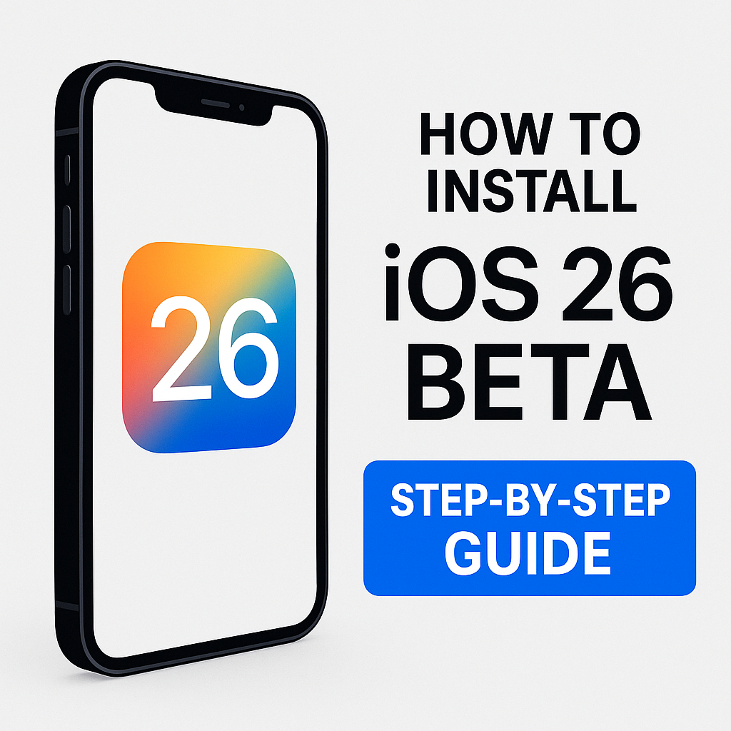 “Illustration of an iPhone showing iOS 26 beta setup screen with Apple icons and futuristic interface graphics”