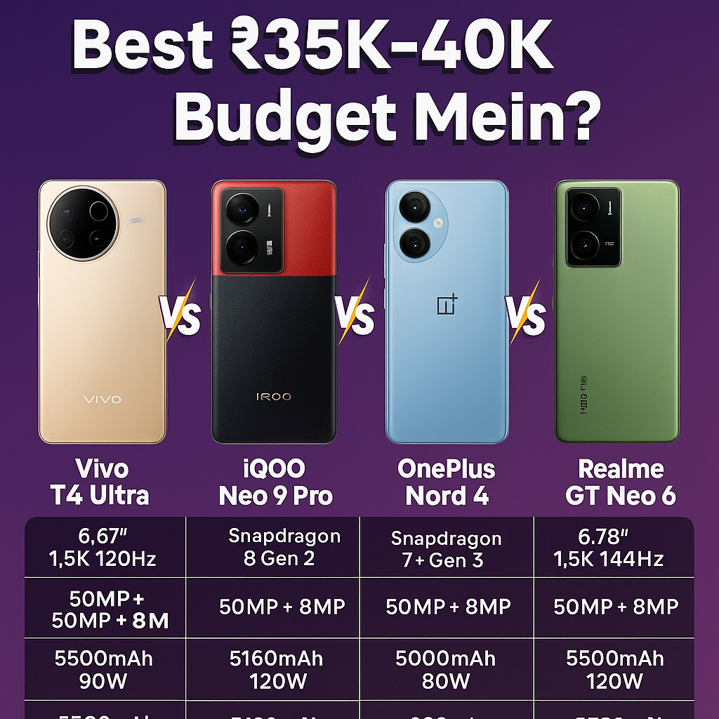 Comparison of top smartphones in ₹35K–₹40K budget: Vivo T4 Ultra, iQOO Neo 9 Pro, OnePlus Nord 4, Realme GT Neo 6