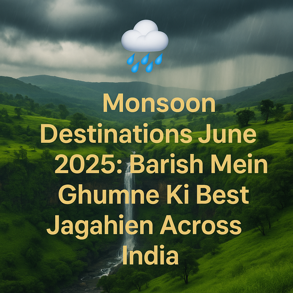 Monsoon Destinations June 2025 – Scenic view of lush green hills, a waterfall, and dark rain clouds in India with the title “Barish Mein Ghumne Ki Best Jagahien Across India” overlaid.