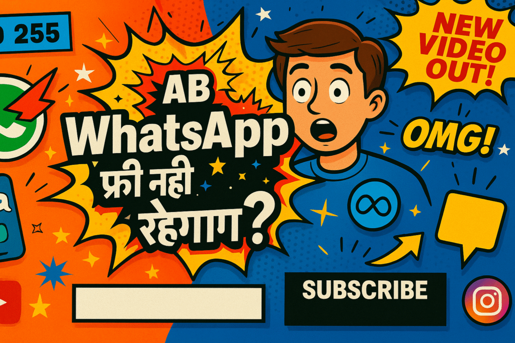 Cartoon-style comic illustration asking "Ab WhatsApp फ्री नहीं रहेगा?" with surprised character, bright explosion graphics, and WhatsApp/Meta icons.