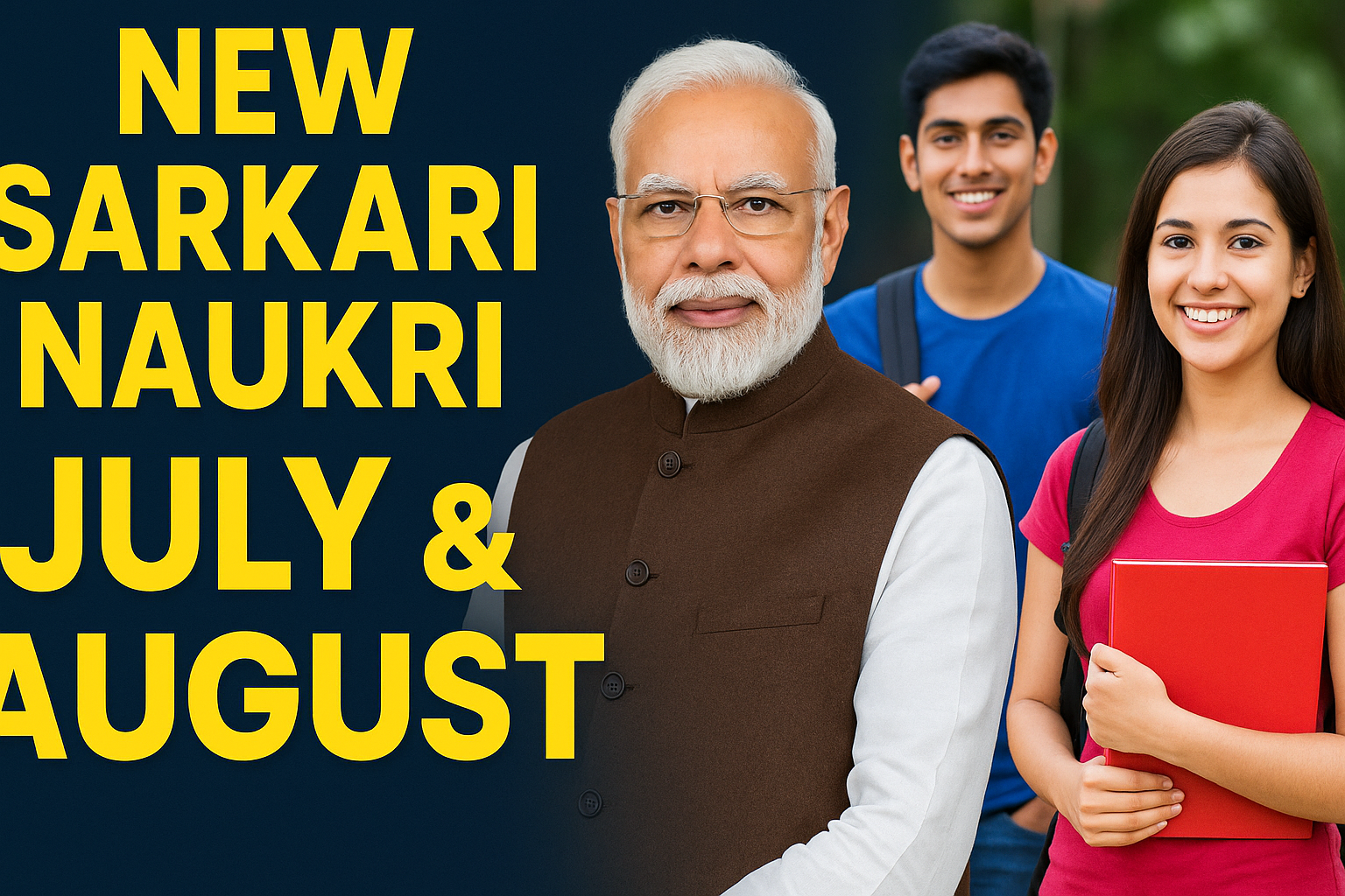 Prime Minister Modi standing confidently beside smiling students, with bold yellow text reading "NEW SARKARI NAUKRI JULY & AUGUST" on a dark blue background.