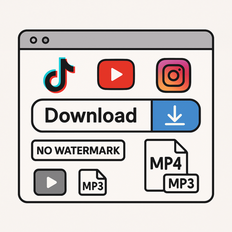 Browser window with download options and icons of TikTok, YouTube, and Instagram, showing MP3/MP4 formats and a "No Watermark" button. Instagram , Tiktok, Youtube Top 5 Free Video Downloaders