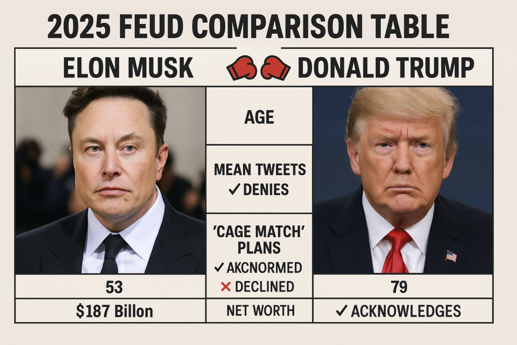 "Elon Musk vs. Donald Trump 2025 feud comparison chart with age, net worth, social media behavior, and cage match plans, featuring their portraits side by side"