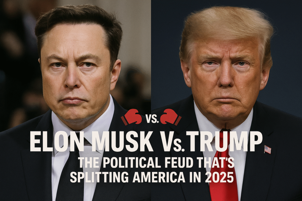 "Elon Musk vs Donald Trump political feud 2025 graphic with intense portraits and bold headline showing their rivalry splitting America"