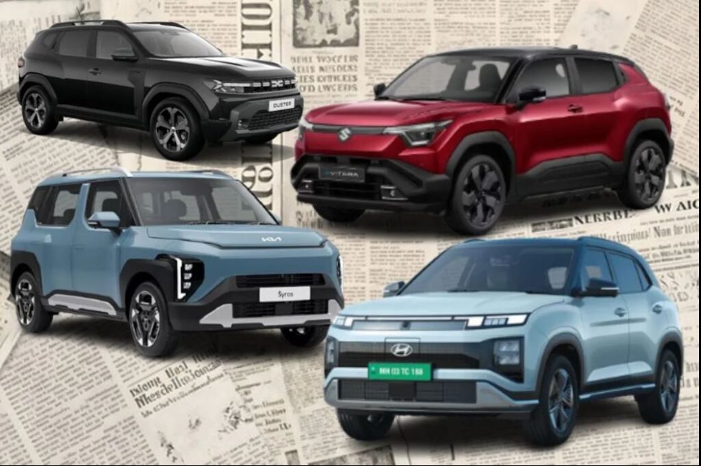 A promotional digital graphic showcasing upcoming SUV car launches in India 2025, featuring models from Renault Duster, Maruti Suzuki Vitara, Kia Syros, and Hyundai.