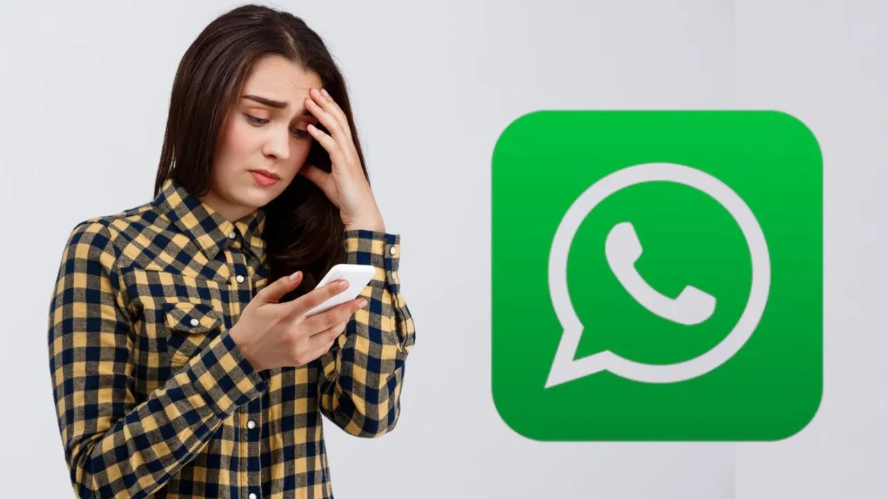 A worried woman looking at her phone with a large WhatsApp logo in the background, indicating concern over WhatsApp updates or issues.